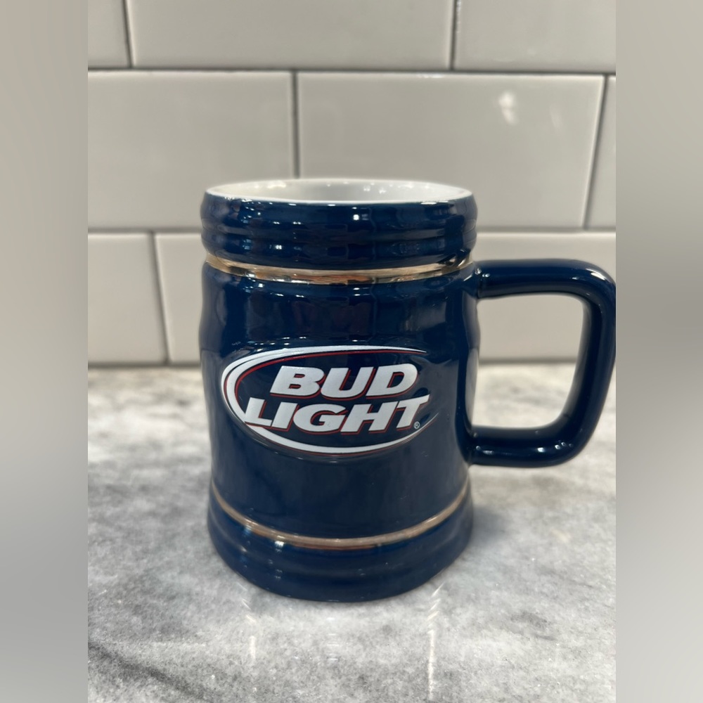 Budlight Ceramic Mug Blue White /Gold Accents Anheuser-Busch